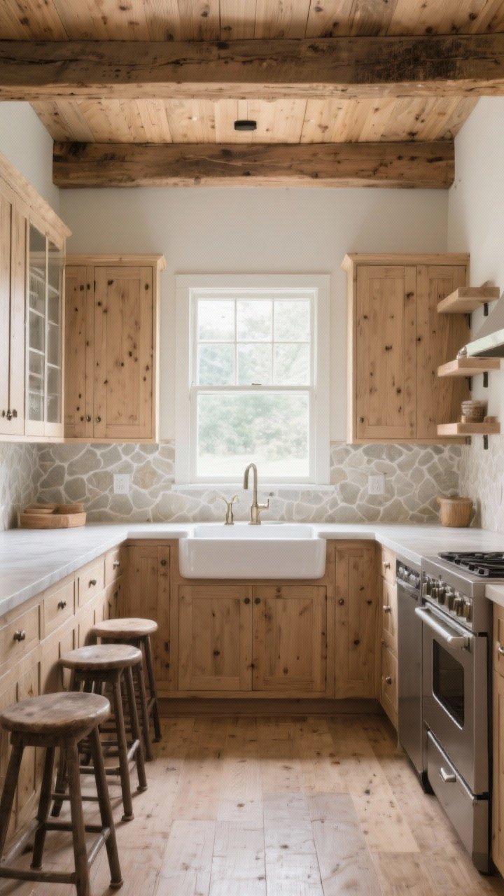 Wide U-shaped rustic kitchen anchored by a big farmhouse sink centered under a wide window: flush-front Shaker cabinets, corners left open without heavy glass uppers to preserve sightlines, matching wood tones across exposed beams, stools, and a few shelves to unify the U, light apron-front sink reflecting daylight, appliances in soft matte finishes, light stone-look backsplash adding depth; bright, calm, photorealistic, eye-level straight-on view toward the window.