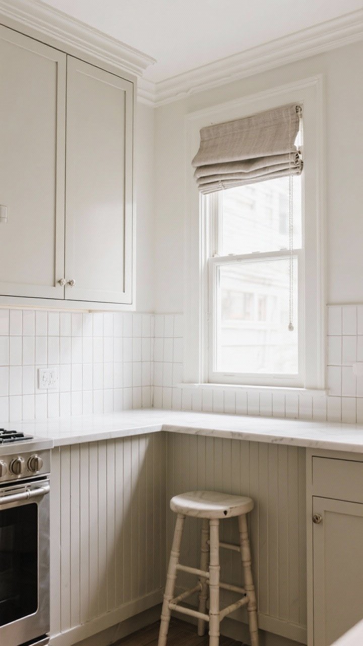 Wide verticality-focused shot of a compact kitchen corner emphasizing height: vertically stacked slim subway tiles run up the backsplash to the ceiling, ceiling-height cabinets with simple crown molding, a tall window with Roman shade mounted inside the frame and curtain rod placed higher than the window to elongate, an island face with ribbed paneling reinforcing upward lines, a simple ladder-back stool; neutral, light palette; camera tilted slightly upward to dramatize vertical lines; bright, even daylight.