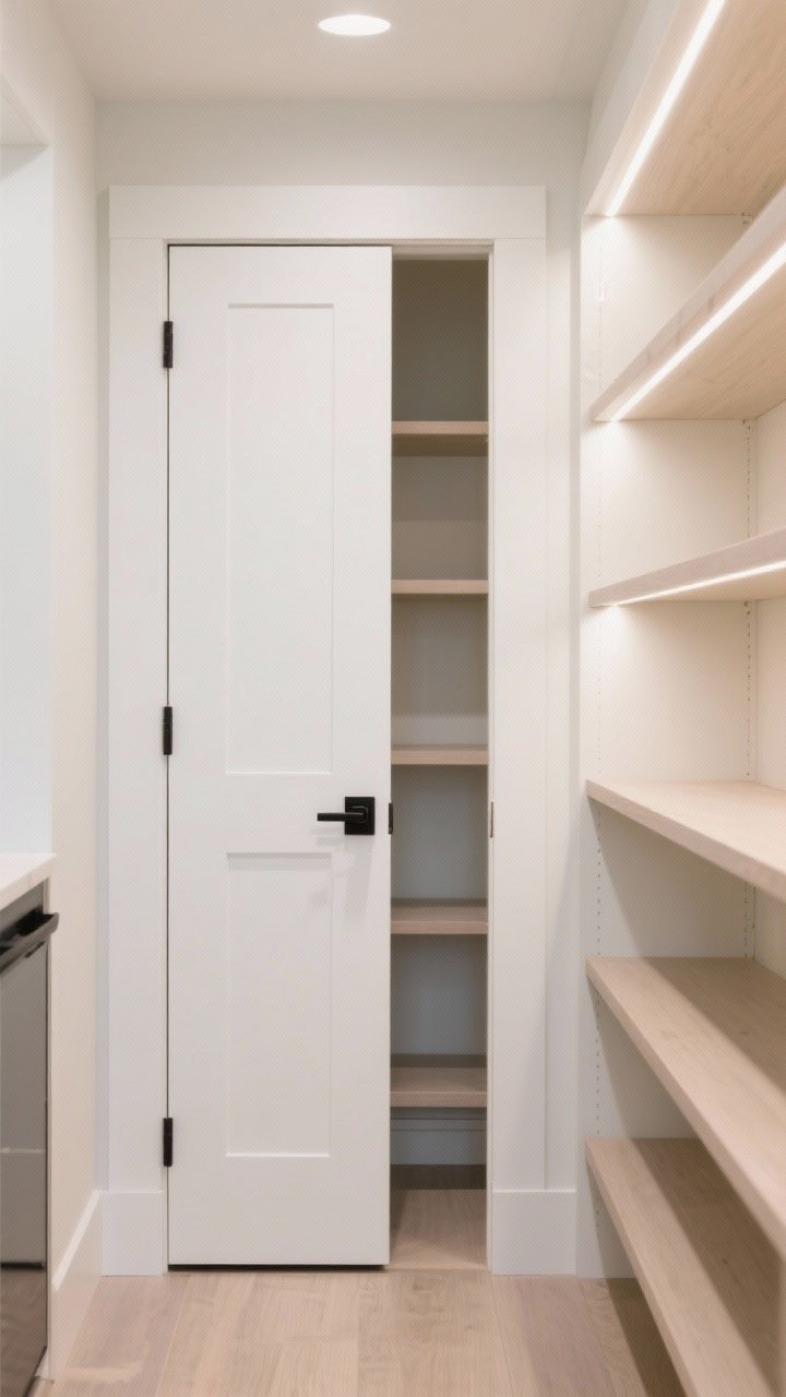 5–1 inch clearance from interior shelves; white door with matte black hardware, soft neutral shelves beyond; bright, even pantry lighting for full visibility; photorealistic.