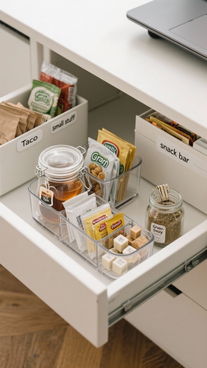 A closeup, overhead detail of “small stuff” containment: clear glass jars filled with tea bags, drink packets, and bouillon cubes; a shallow drawer organizer nested inside a bin holding gravy mixes, yeast packets, and spice blends; neat chip clips sealing half-used bags; a desktop file box with labeled tabs—Taco, Ranch, Gravy, Soup—holding seasoning packets; a small “snack bar” jar with assorted odds and ends; crisp, photoreal textures of paper, plastic, and glass under even, diffused light.