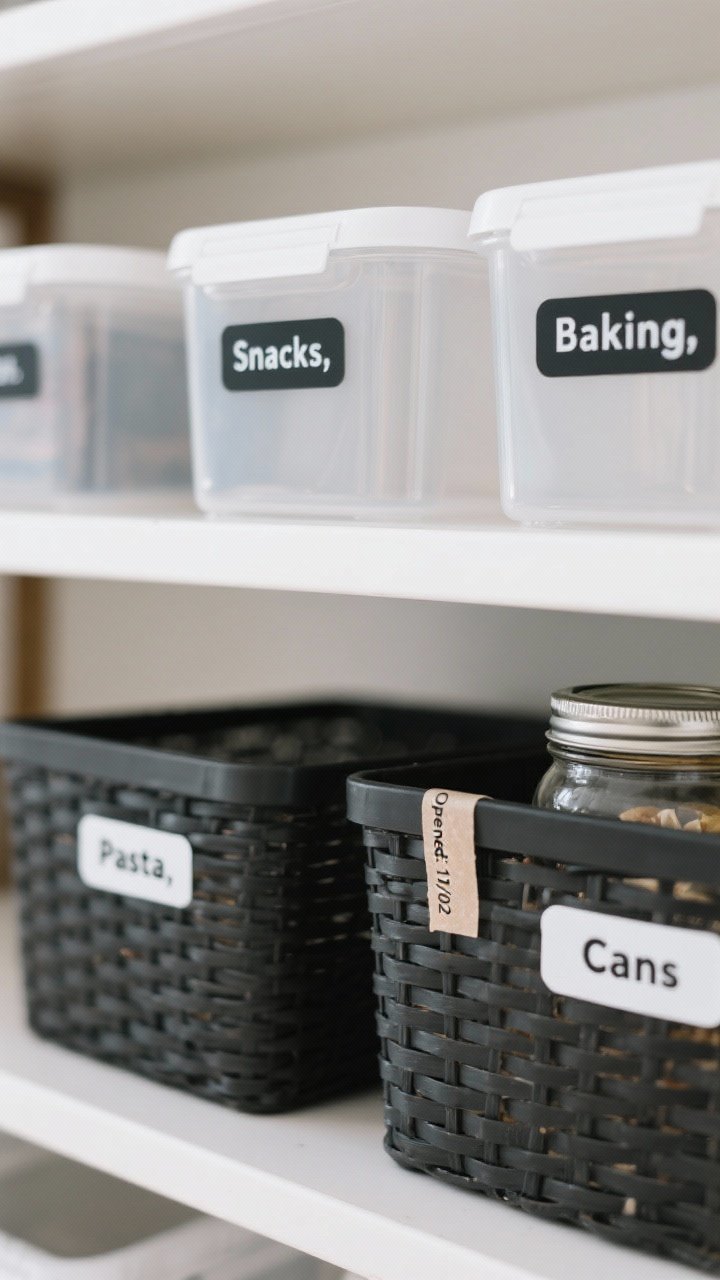 A closeup, straight-on detail of labeling: minimal vinyl labels reading “Snacks,” “Baking,” “Pasta,” and “Cans” applied consistently in the same font and size across clear bins and dark baskets; contrasting color choices (white labels on charcoal bins, black labels on clear containers); a tiny washi tape sticker noting “Opened: 11/02” on a decanted jar; crisp focus on typography, subtle reflection on plastic, and clean, organized aesthetics in neutral tones.