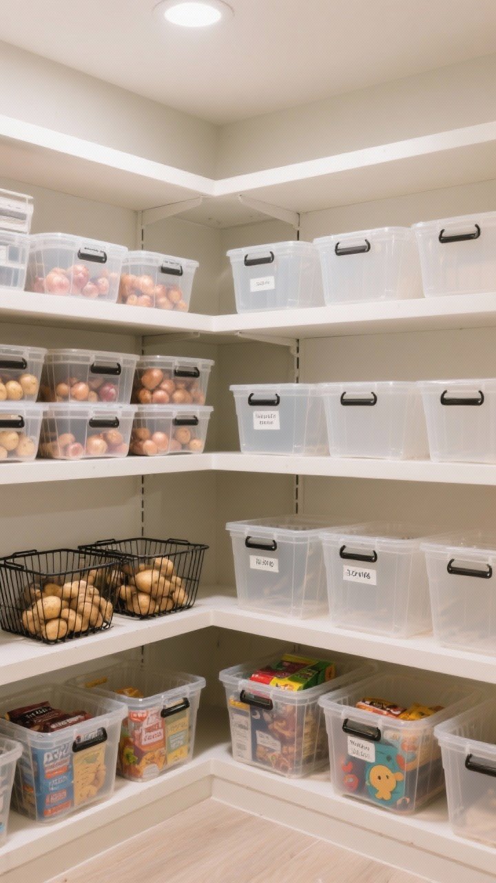 A corner-angle medium shot of shelves styled with mixed storage: stackable clear plastic bins for daily snacks, wire baskets holding potatoes and onions for airflow, deep labeled bins for backstock, and handled bins on higher shelves for easy pull-down; low, wide bins at the bottom for a kid-friendly zone; neutral palette with white shelving, matte black wire, and translucent plastic, with soft overhead lighting creating a tidy, calm feel while hiding loud packaging.