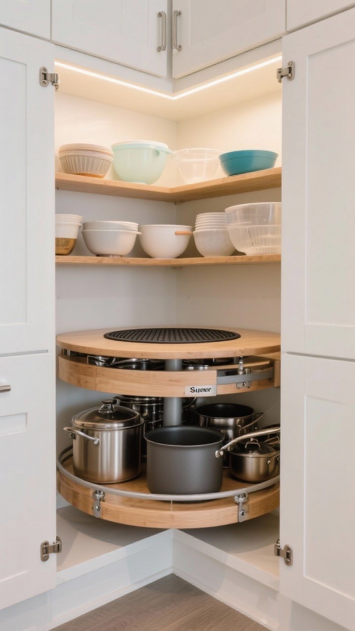 A corner-cabinet interior, medium closeup from a slightly low angle, showing a Super Susan with solid wood shelves on heavy-duty bearings; bottom shelf loaded with heavier pots and pans, top shelf with lighter plastics and mixing bowls; rubber liners visible to keep items steady during rotation; cabinetry in satin white, soft under-cabinet lighting casting a practical glow; photorealistic.
