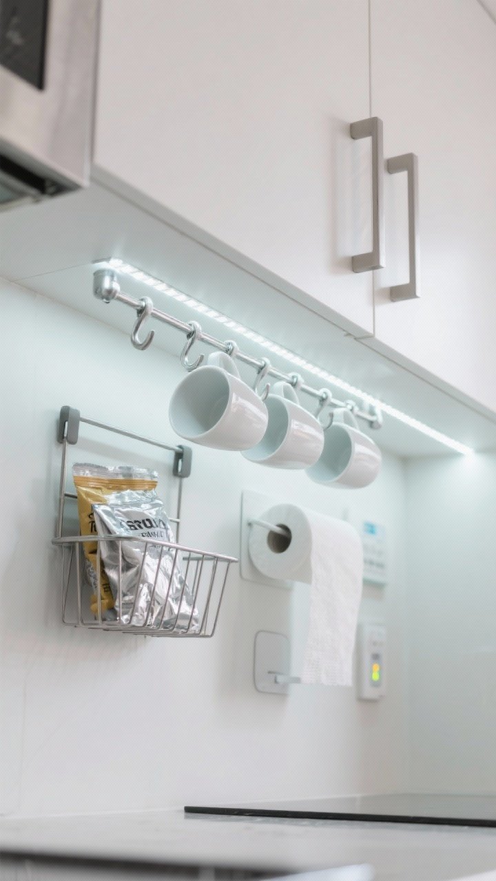 A detail shot from a low angle focusing on under-cabinet add-ons with no drilling: an under-shelf basket holding foil and zip bags; magnetic mug hooks on a metal shelf edge suspending white mugs; a stick-on paper towel holder mounted beneath a cabinet; motion-activated adhesive LED light strips glowing softly under-cabinet. Clean surfaces, matte white cabinetry, brushed aluminum accents. Cool-white task lighting from the LEDs.