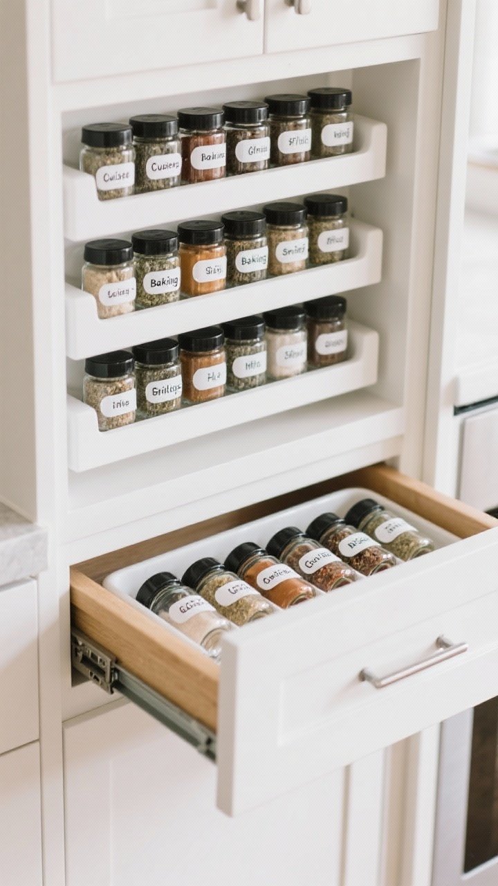 A detail, straight-on shot of a spice organization setup: upper-cabinet tiered shelf inserts filled with uniformly decanted spice jars, clear glass with black lids and crisp white labels, arranged alphabetically. Beside it, a drawer slightly open revealing a spice drawer tray with bottles laid on their sides, labels up. Groupings by cuisine (baking vs grilling) subtly indicated by label text. Clean white cabinetry, soft even lighting for legibility.