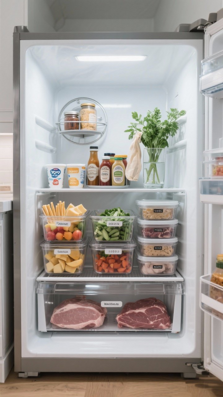 A front-on, open-fridge view organized with clear bins and zones: a labeled snack bin with yogurts, cheese sticks, cut fruit; a meal prep bin with chopped vegetables and marinated proteins; a condiment caddy grouping similar sauces; a dedicated leftovers shelf with clear, stackable containers dated on the front. A lazy Susan holding jars, and fresh herbs standing in a glass of water with a loose bag cover. Raw meats stored on the bottom shelf. Cool, bright refrigerator lighting for a crisp, photorealistic look.