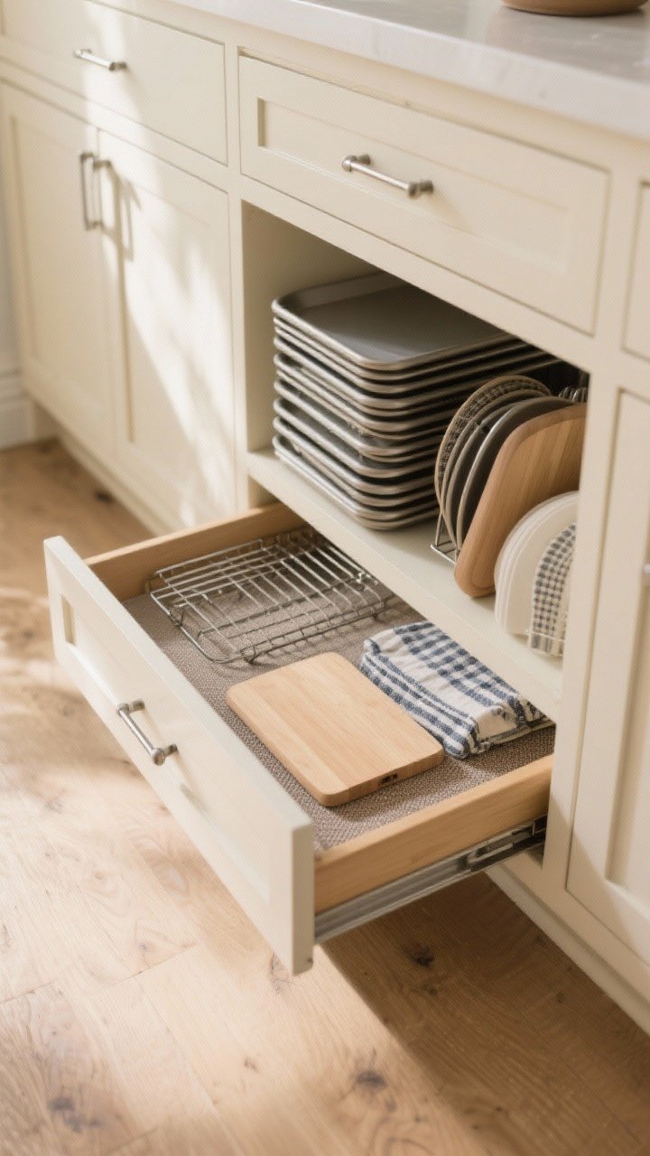 A low-angle, detail shot of toe-kick drawers discreetly opened beneath shaker base cabinets, revealing neatly stacked baking sheets, cooling racks, placemats, and a flat cutting board; slim finger pulls and push-to-open hardware integrated for a seamless facade; drawer mats lining the interiors to dampen clanking; calm, diffused morning light across a light oak floor, cabinet faces in soft cream; photorealistic.
