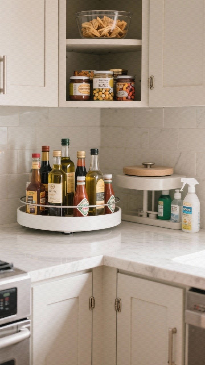 A medium, corner-angle shot inside a corner base cabinet featuring a large lazy Susan with rimmed edges holding cooking oils, vinegars, and sauces; an upper-cabinet lazy Susan with snacks, spreads, and vitamins; and a smaller turntable under the sink for cleaners and sprays. Emphasize proper measurements and fit, with bottles contained by the rims. Soft, neutral lighting with slight reflections on bottle surfaces to convey motion and order.