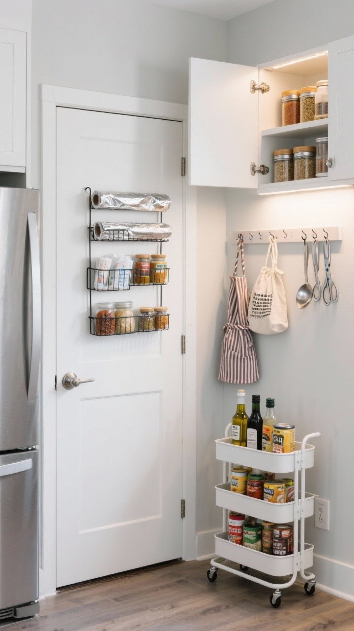 A medium corner shot focusing on door and dead-space upgrades: a white pantry door with an over-the-door rack storing aluminum foil, plastic wrap, spices, and small jars; a slim rolling cart tucked between a fridge and wall holding oils, vinegars, and canned goods; Command hooks on a side panel holding an apron, reusable bags, and kitchen scissors; a magnetic strip inside a cabinet with spice tins and metal scoops; bright, functional lighting emphasizing clever use of hidden areas.