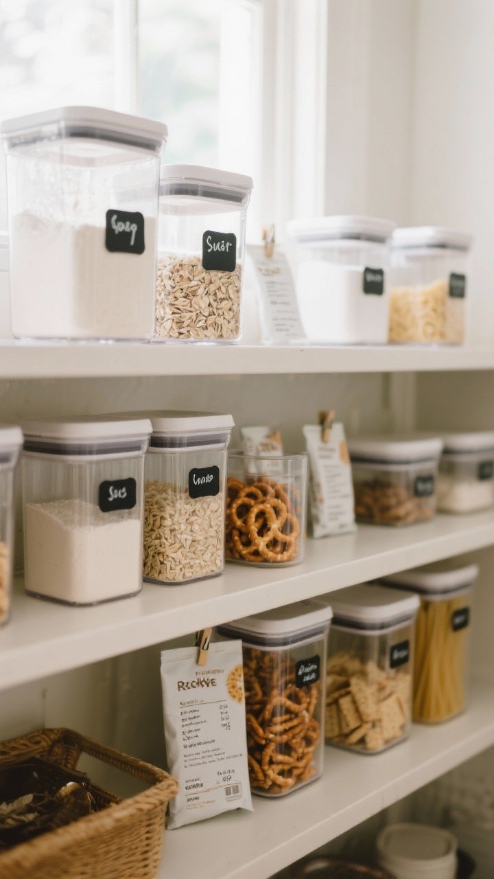 A medium shot of a pantry shelf featuring square and rectangular airtight clear containers under soft natural window light: decanted flour, sugar, oats, rice, and pasta in uniform canisters with simple black-on-white labels; a couple of snack items like pretzels and crackers in optional clear containers; small clipped recipe/cooking info labels noting times and ratios on canisters; nearby unopened tiny mix packets with their original labels visible to indicate what’s skipped for decanting; the mood is functional and photogenic, maximizing shelf space.