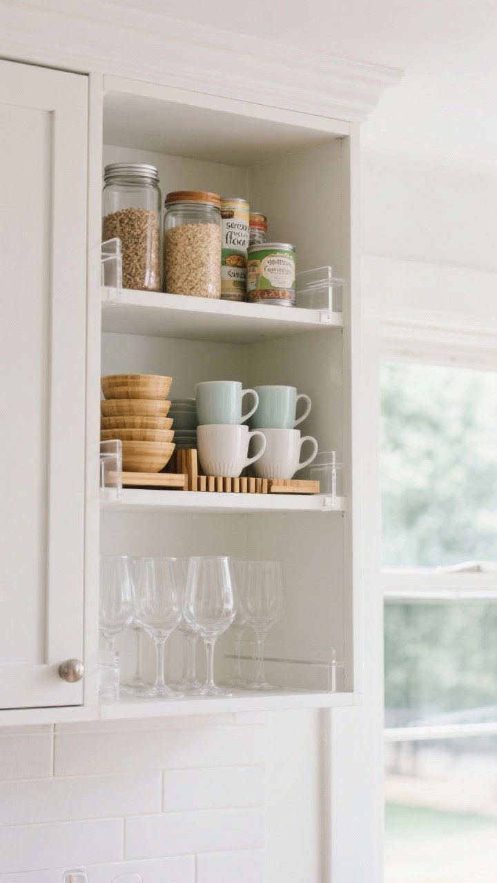 A medium shot of an upper cabinet with tall interior space transformed using shelf risers: clear acrylic risers on one side displaying pantry goods (cans and glass jars of grains), and bamboo risers on the other side holding mugs and bowls stacked safely. Include a small zone with glassware separated—everyday cups below, special stemware above. Clean white cabinet interior, soft daylight filtering from nearby window, emphasizing the “second floor” effect.