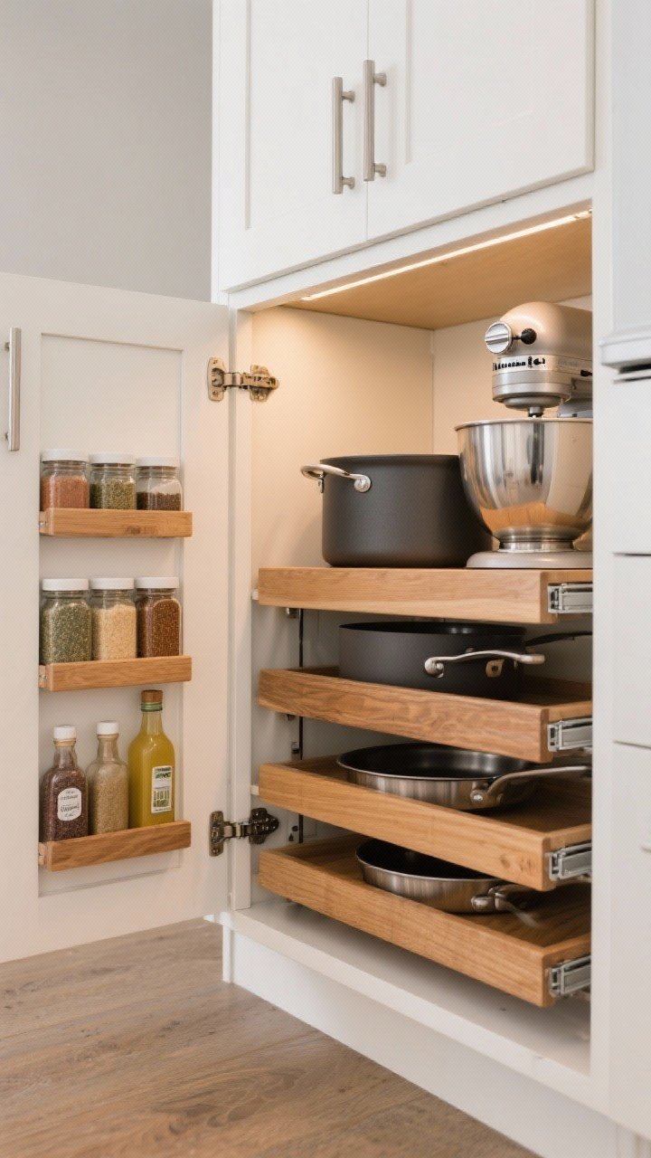 A medium, straight-on shot inside a lower kitchen cabinet with double pull-out shelves extended: slim pull-out on the left holding neatly arranged spice jars and small bottles; heavy-duty pull-out on the right with pots, pans, and a stand mixer. Include tiered pull-outs in warm maple wood with soft-close metal glides visible, matte white cabinet fronts, brushed nickel hardware, and soft ambient kitchen lighting highlighting the smooth slide action and ergonomic access.