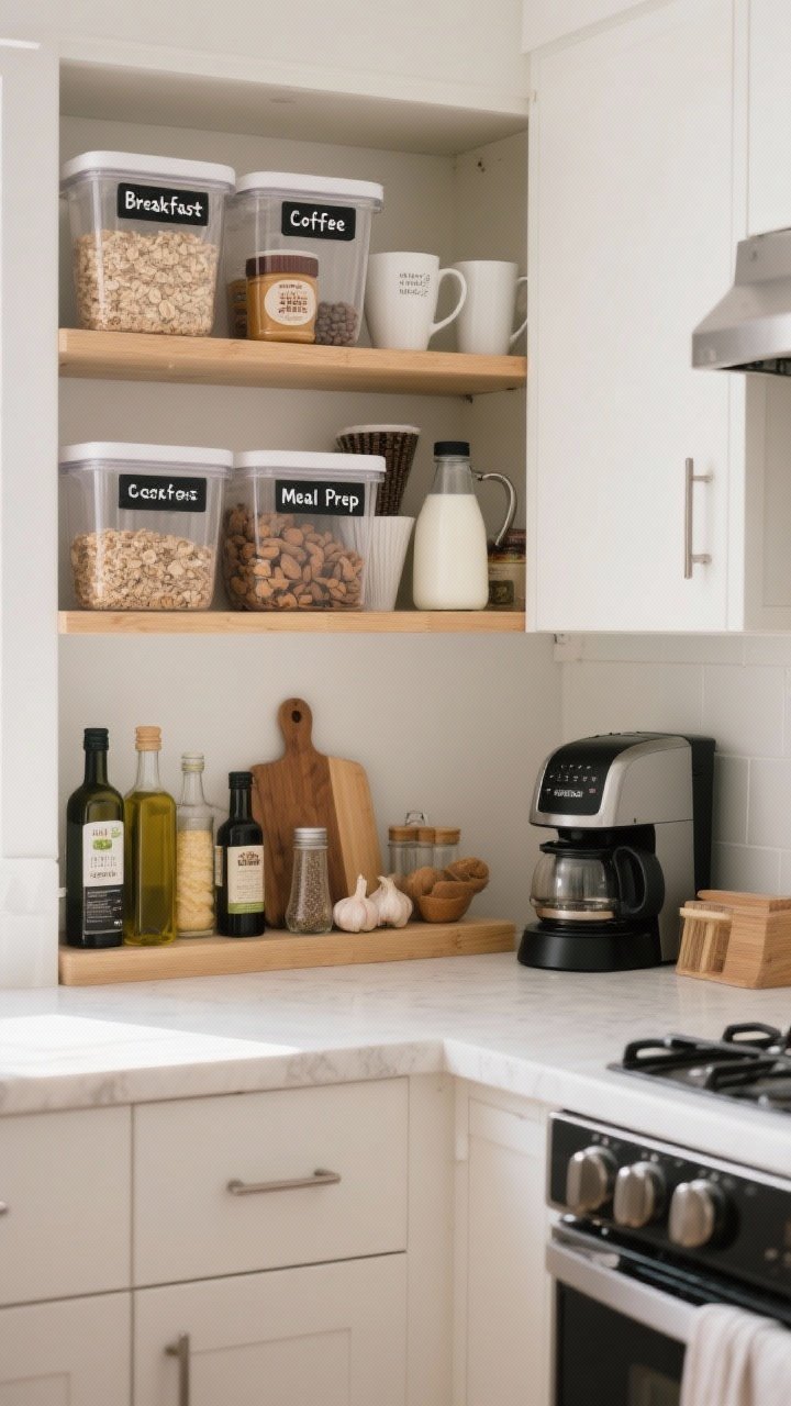 A medium, straight-on shot of a small renter kitchen cabinet interior organized by zones like a grocery store: labeled bins for “Breakfast” with oats, nut butter, honey, and granola; a “Coffee” shelf with mugs, coffee beans, filters, and a milk frother beside a compact coffee machine; a “Meal Prep” shelf near the stove holding oils, vinegars, salt, pepper, garlic, and cutting boards. Clear, wipeable labels on each bin, neutral palette with white shelves, light wood accents, and matte black label text. Soft natural morning light for a calm, practical vibe. No people.