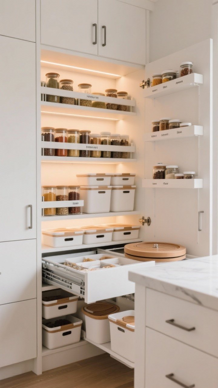 A medium, straight-on shot of a tidy cabinet interior illustrating the conclusion: a harmonious mix of pull-out shelves, labeled bins, a lazy Susan, and a clearly zoned layout. Spices uniformly jarred, containers nested with separate lid storage, and shelf risers where needed. Subtle warm LED lighting and clean white cabinetry convey a professionally organized, calm mood—no people, just serene order and photorealistic detail.