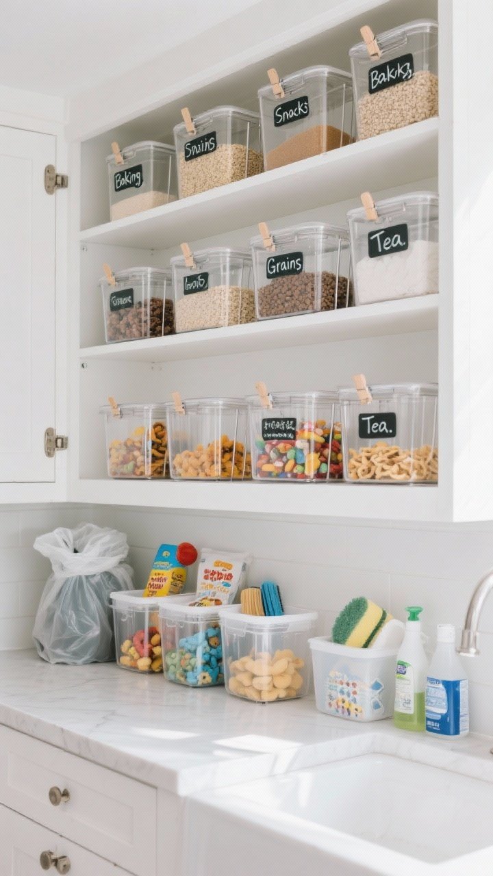 A medium, straight-on view of a pantry-style cabinet lined with clear bins and bold, simple labels: “Baking,” “Snacks,” “Grains,” “Tea.” Include clip-on labels on wire bins and chalk labels on plastic bins. Lower shelf shows a kid-friendly section with pre-portioned snacks in easy-grab clear containers; under-sink area nearby with bins for trash bags, sponges, dish tabs, and cleaners. Clean white interiors, balanced ambient lighting reducing visual clutter.