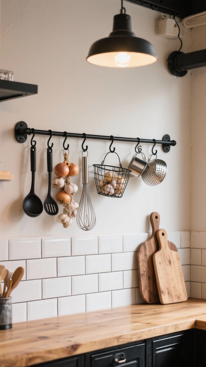 A medium straight-on view of a renter-safe wall rail and leaning rack system in a European café style: matte black removable rail with S-hooks displaying ladles, whisks, strainers, measuring cups, and a mini colander; wire hanging baskets with onions and garlic; wood cutting boards leaned and hung for texture. White subway tile backsplash, warm wood counters, black metal accents. Soft ambient light with subtle highlights for a chic, functional look. No drilling hardware visible.