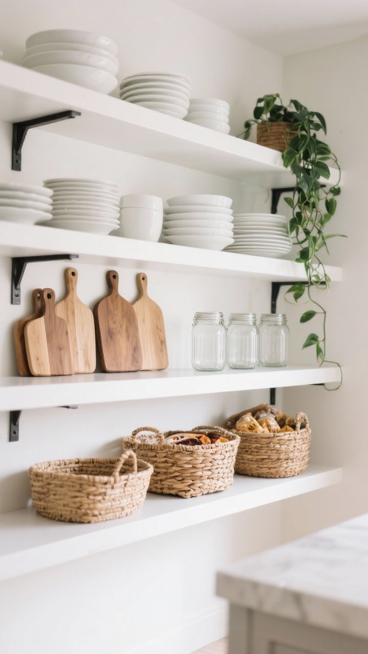 A medium straight-on view of curated open storage: white open shelves with grouped white dishes together, a cluster of wood cutting boards for warmth, three repeated glass jars for visual rhythm, woven baskets hiding snacks, and a trailing pothos softening the edges. Palette of white, natural wood, clear glass, and black metal brackets. Gentle daylight, negative space around groupings for a clean, cohesive aesthetic.