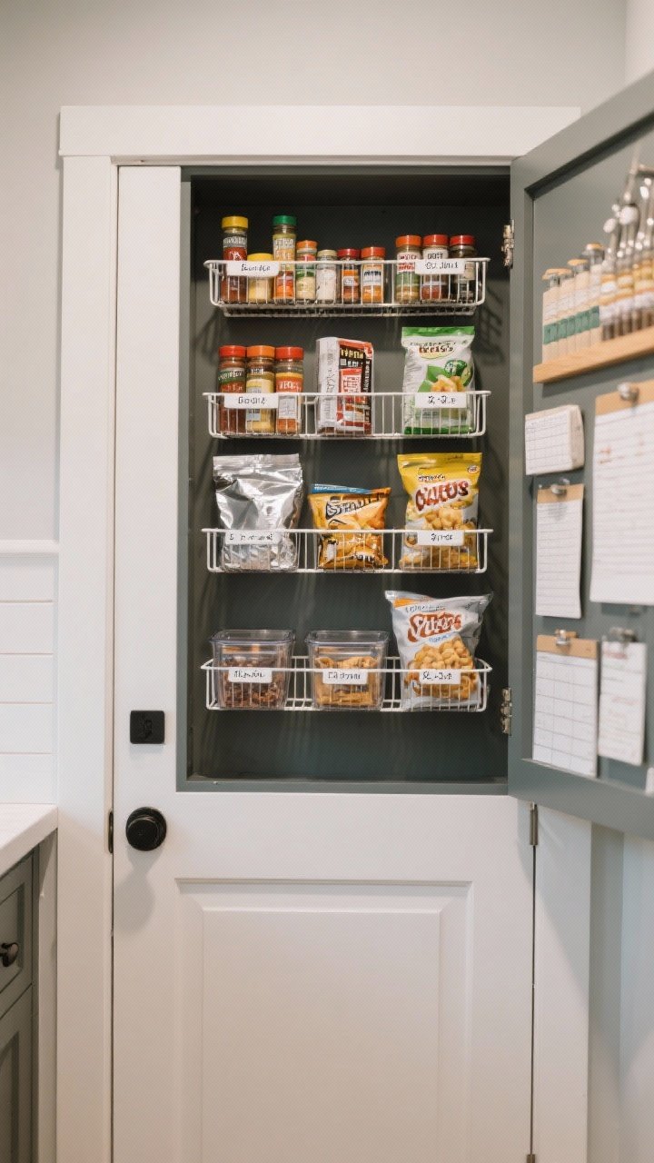 A medium, straight-on view of the inside of a pantry door converted into a back-of-door command center with ultra-shallow (2–3 inch) racks holding spices, foil, zip bags, and labeled snack packs; clear bins for quick visibility, careful
