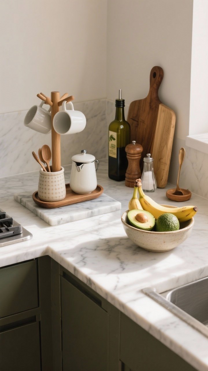 A medium vignette of a styled countertop with intentional zones: a coffee tray featuring a mug tree, ceramic sugar jar, teaspoons, and a compact milk frother; a cooking zone on a wooden board with an olive oil bottle, salt cellar, pepper mill, and a spoon rest; a ceramic produce bowl holding bananas and avocados. Use a marble slab under the coffee setup. Natural afternoon light from the side creating gentle shadows and a warm, curated vibe.