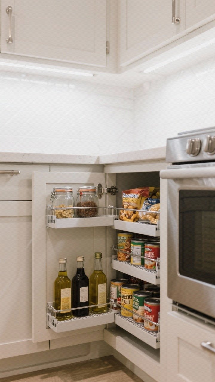 A narrow corner perspective of a base cabinet pull-out pantry extended between oven and fridge: adjustable rails securing jars, height zones with tall oils and vinegar on the bottom, canned goods in the middle, snacks on top; non-slip liners with a subtle pattern, satin nickel hardware, neutral cabinetry; bright, practical kitchen lighting with slight reflections on glass bottles