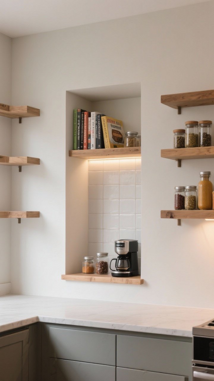 A straight-on, medium shot of a recessed wall niche carved into a bump-out near the kitchen, fitted between studs; shelves with cookbooks, spices arranged with a tiny front lip to prevent rolling, and a compact coffee setup; the niche back is tiled for a sleek accent and fitted with a soft LED strip for a lit “mini moment”; neutral walls and natural wood shelves; photorealistic.