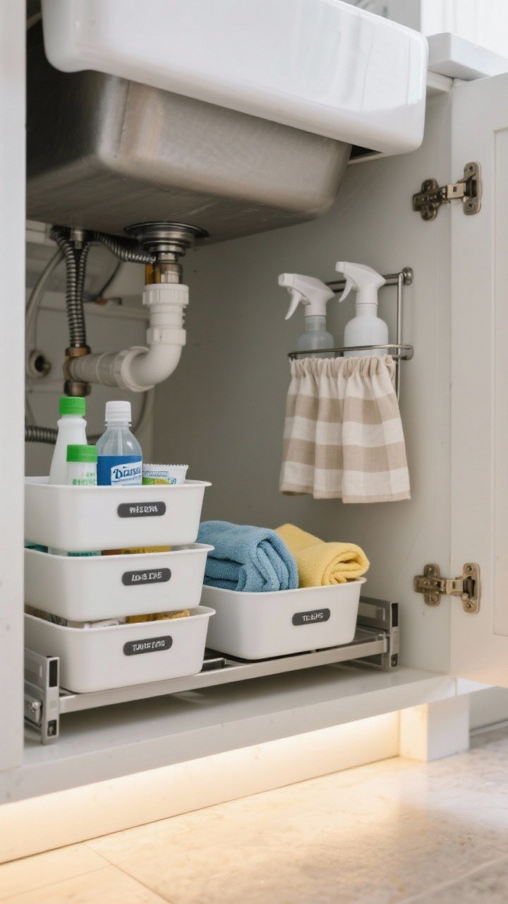 A straight-on, medium shot under the sink: pull-out drawers and stackable bins labeled with cleaning trio items—sprays, dish tabs, microfiber cloths—plus a vertical caddy ready to grab; a tension rod suspending spray bottles; optional soft linen sink skirt in a neutral stripe hiding the cabinet base; even, practical lighting, tidy hoses and plumbing visible but cleanly routed