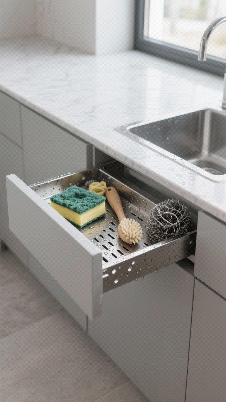 A tight closeup of a sink base false front flipped open into a tilt-out tray, holding damp sponges, a dish brush, and scrubbers; tray in stainless steel with small vent holes for airflow, droplets beading on the surface; quartz countertop in pale gray, undermount stainless sink edge visible; cool daylight from a nearby window highlighting clean surfaces and easy-to-wipe textures; photorealistic.
