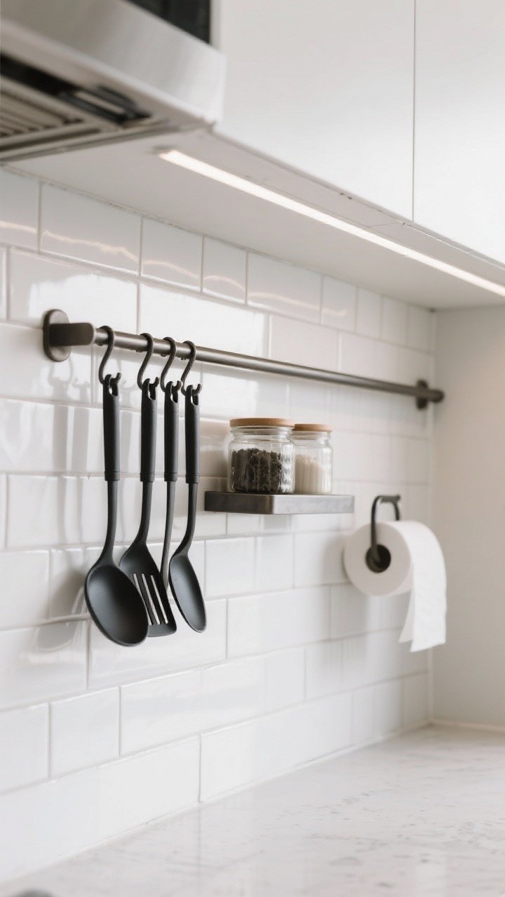 A tight, horizontal detail shot of a slim rail system mounted along a tiled backsplash, under 3 inches deep; matching metal hooks in matte black holding utensils, a mini shelf with small jars, and a clipped paper towel holder; clean white subway tile and light gray grout, zero counter footprint; bright, even task lighting reflecting subtly off the metal; photorealistic.