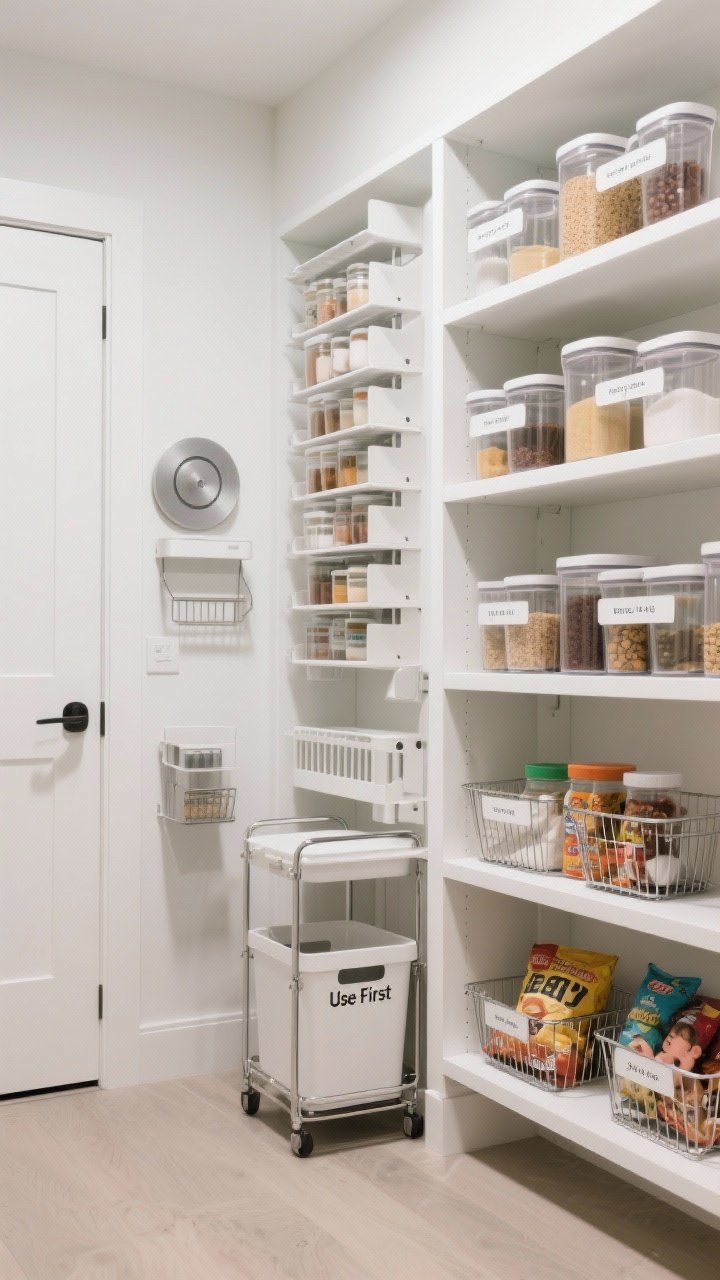 A wide, editorial-style pantry hero shot summarizing the system: visible zones, decanted basics, consistent labeling, vertical solutions (risers, stackers, turntables), door rack and slim cart upgrades, kid-level snacks, and a “Use First” bin; overall minimal, modern aesthetic with white shelves, clear containers, wire baskets, and matte labels; soft, even lighting that highlights order and cleanliness, no people in frame, capturing a refined yet practical mood.