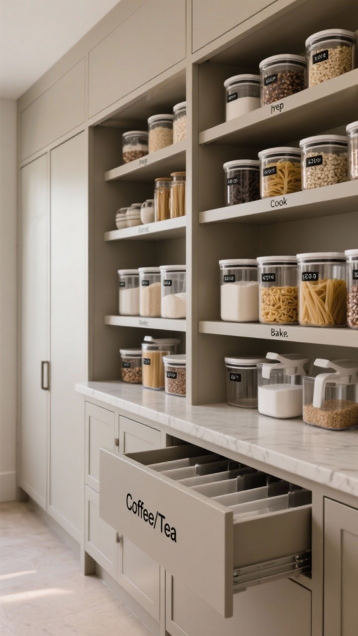 A wide pantry cabinet shot showcasing a decanting and zone system: clear containers of flour, sugar, rice, pasta, cereal with contents and date labels; shelves arranged by zones—prep, cook, bake, beverage—with a closed drawer labeled “Coffee/Tea” (counter-free station inside with dividers); neutral tones, matte containers with black-and-white labels, calm, organized mood under soft, diffuse lighting