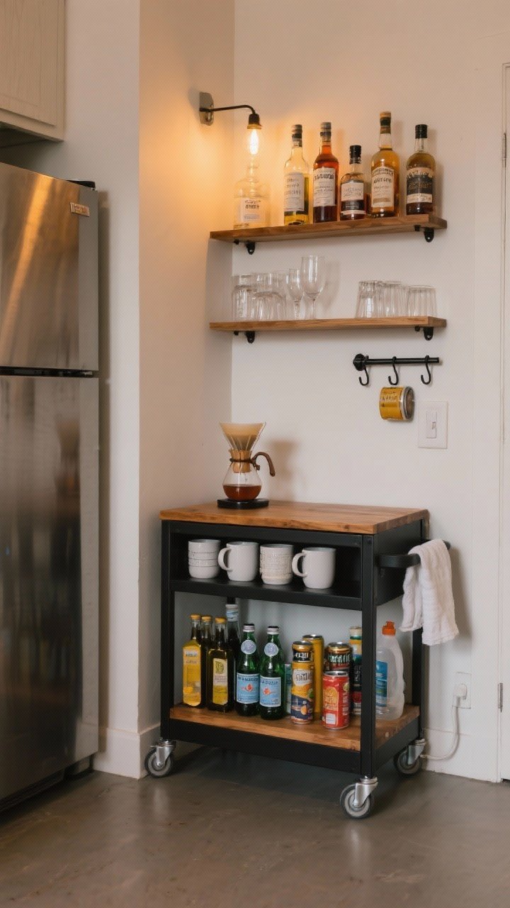 A wide shot of a small renter kitchen featuring a stylish rolling cart as extra storage: a wood-and-black-metal cart with mugs and a compact pour-over setup on top; middle shelf with spirits and glassware; bottom shelf with seltzers and flavored syrups. Another slim rolling rack slides between the fridge and the wall holding oils, cans, and cleaning supplies. Add adhesive hooks and a towel bar on the cart’s side. Warm ambient lighting for a cozy, intentional look.