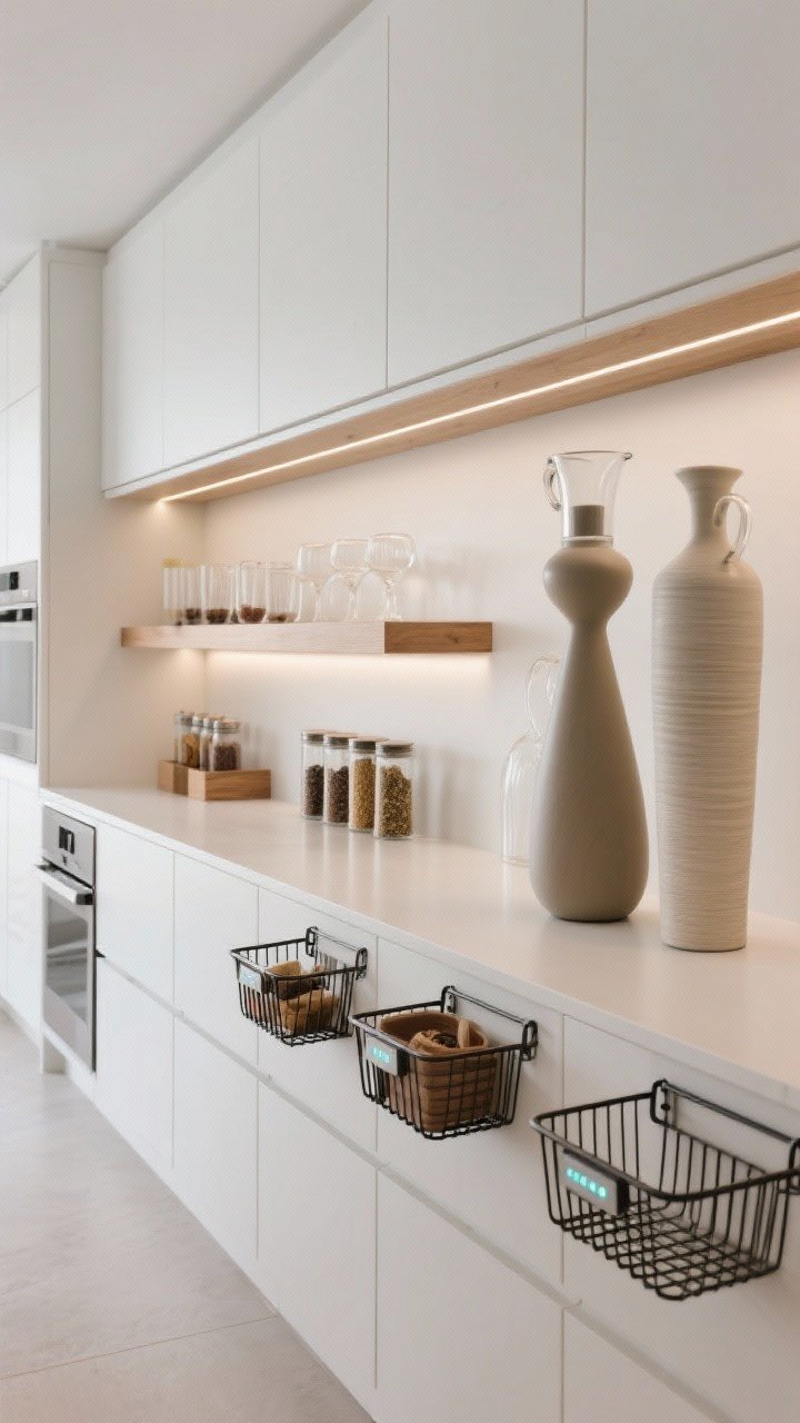 A wide, straight-on shot of a sleek kitchen cabinet run showing adjusted shelf heights: one section optimized for short items (glasses, spices), another for tall items (pitchers, vases). Include clip-on under-shelf baskets adding a bonus layer for small items. Motion-sensor LED strip lights under the upper shelves cast a soft, luxe glow, enhancing visibility and drama without harsh glare. Minimalist white cabinetry with subtle wood accents.