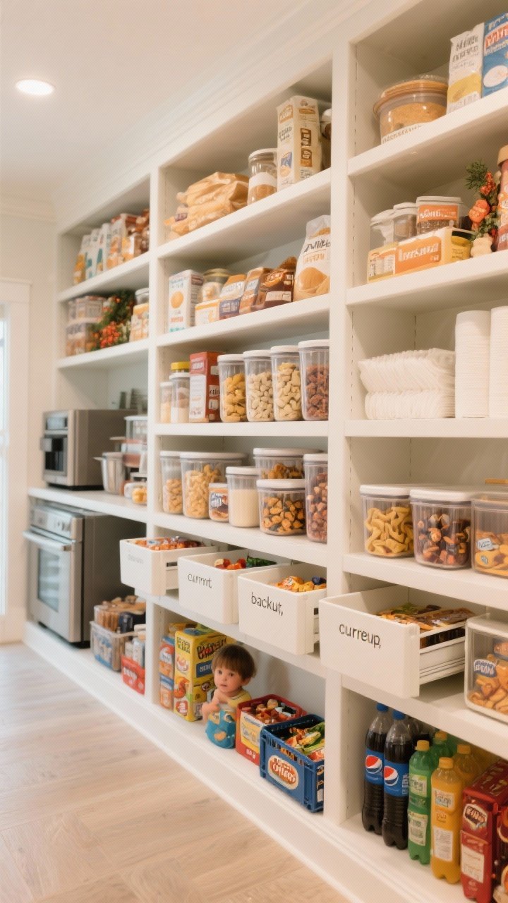 A wide, straight-on view of a pantry wall organized by height and frequency: at eye level, bins and clear containers with snacks, breakfast staples, and most-used ingredients; upper shelves with baking backstock, seasonal items, and extra paper goods; lower shelves and floor with heavy appliances, bulk packages, and drink cases; a kid-level shelf with pre-portioned snacks and lunchbox items; deep shelves outfitted with pull-out bins and a two-bin system (front “current,” back “backup”); neutral whites and soft warm lighting for clarity.