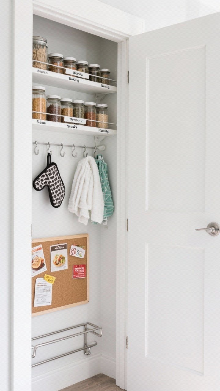 An inside-the-door storage closeup: a pantry door open to show shallow racks precisely sized for spice jars and wraps, command hooks holding mitts and towels, and groupings by task labeled “Baking,” “Snacks,” and “Cleaning”; a cork board with pinned recipes and coupons below; clean white door, brushed metal racks, bright, crisp light emphasizing clearance for smooth door close
