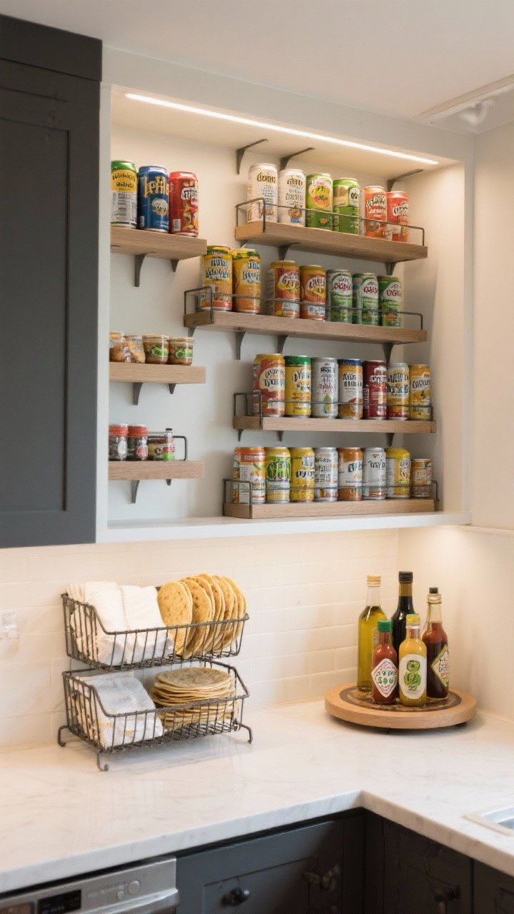An overhead-angled medium shot showcasing vertical maximization: step-style can risers filled with neatly arranged cans (all labels facing forward), an under-shelf basket holding wraps, napkins, and tortillas, stackable mini-shelves creating a second layer for short items, and a round turntable with oils, vinegars, and sauces; zoned groups kept separate even when stacked; bright, even task lighting highlighting the multi-level organization and efficient use of vertical space.