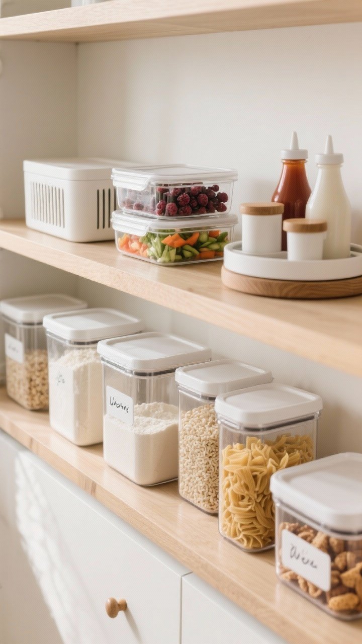 An overhead detail shot of a minimalist decanting setup: uniform clear containers filled with flour, sugar, rice, pasta, cereal, and snacks on a light wood shelf; vented berry container and glass meal-prep containers with chopped veggies; squeeze bottles for sauces on a lazy Susan. Matte white wipeable labels with neat handwriting, subtle shadows, and a calm, neutral palette. Soft, indirect daylight for a fresh, organized mood.