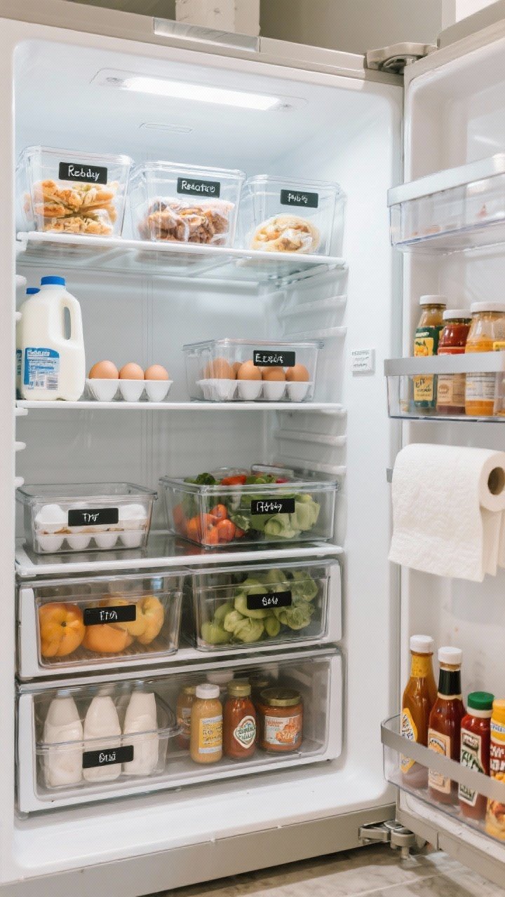 An overhead fridge interior shot organized by zones and clear bins: top shelf with labeled ready-to-eat foods and leftovers; middle shelf with dairy and eggs; crisper drawers with produce lined in paper towels; door shelves packed with sauces and condiments only; a lazy Susan for sauces and narrow bins for snack packs. Transparent acrylic bins with simple black-and-white labels, bright fridge lighting, crisp and tidy arrangement.
