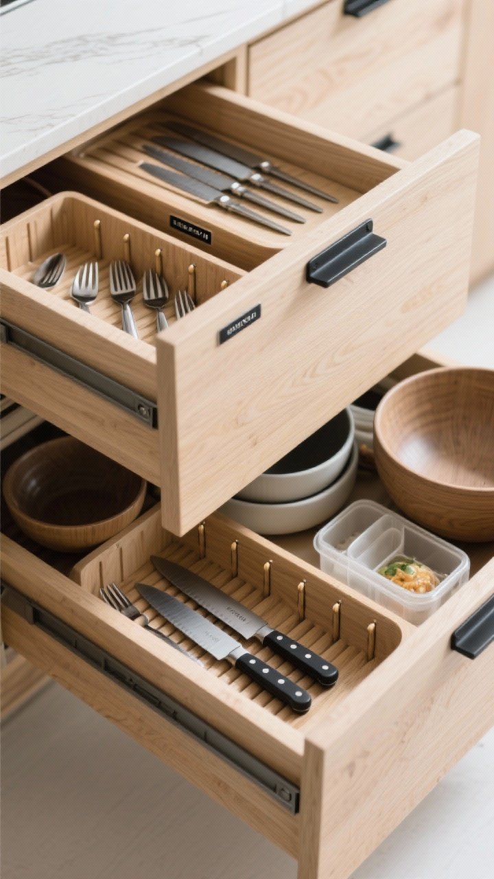 An overhead shot of an open drawer system: modular cutlery and utensil inserts that fit perfectly, an in-drawer knife tray with blades aligned, deep-drawer pegs cradling mixing bowls and food containers; light oak drawer boxes, matte black hardware, crisp labels in a clean sans-serif font, bright even task lighting emphasizing order.