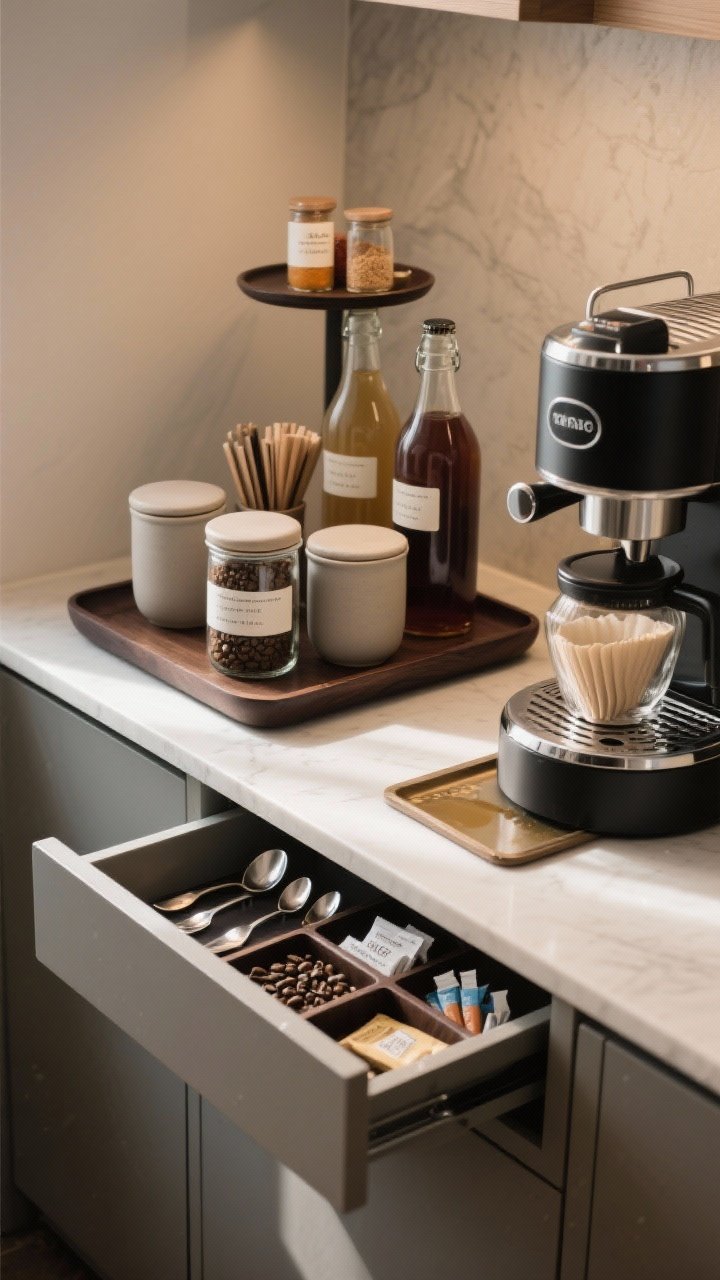 Closeup coffee/tea station vignette: a compact countertop scene with a coffee machine, canisters for beans and filters, a shallow drawer open to show inserts corralling spoons, stirrers, and sugar packets, a small lazy Susan holding syrups and flavored powders, and a tiny tray under the machine to catch drips. Warm morning light, matte ceramics, glass bottles with simple labels, dark wood tray, cozy barista vibe, no people.