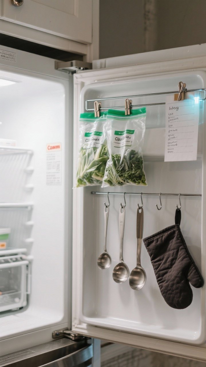 Closeup detail, freezer and cabinet door combo: Binder clips attached to a wire freezer shelf suspending frozen vegetable bags, labels visible; inside a cabinet door, small adhesive Command hooks neatly holding measuring spoons and an oven mitt; on a backsplash rail, a clipped grocery list; cool LED light in freezer, warmer kitchen light outside, focus on tiny office supplies solving kitchen chaos.