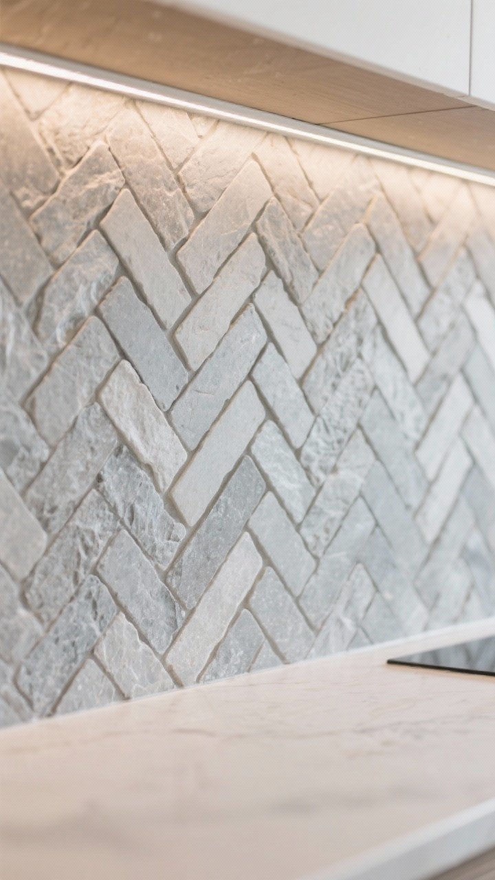 Closeup detail of a monochrome stone mosaic backsplash in small herringbone, all in one tone family matching a light greige countertop; slightly darker grout to avoid a busy grid; honed/tumbled finish with soft edges; stone pencil trim framing the edge; diffused under-cabinet LED light enhancing tactile texture without glare