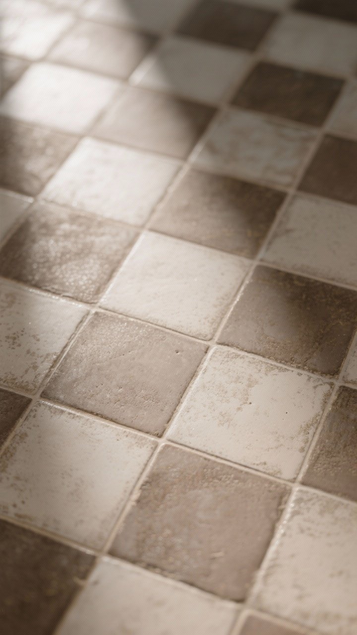 Closeup detail of colorwashed cement tiles in tone-on-tone taupe and mushroom with subtle mottling and artisanal thickness; a softly developing patina visible; tiles sealed for a low-sheen protective finish; warm, ambient lighting bringing out the lived-in texture; photorealistic, no people.