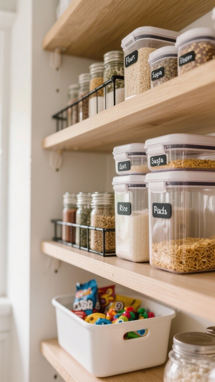 Closeup detail of decanted dry staples on an open pantry shelf: airtight, stackable clear containers labeled Flour, Sugar, Rice, Pasta, Oats; uniform spice jars on a tiered rack with clean labels; a shallow bin of kids’ snacks at eye level. Soft natural light, matte black label font, neutral wood shelves, focus on clarity and function without over-decanting.