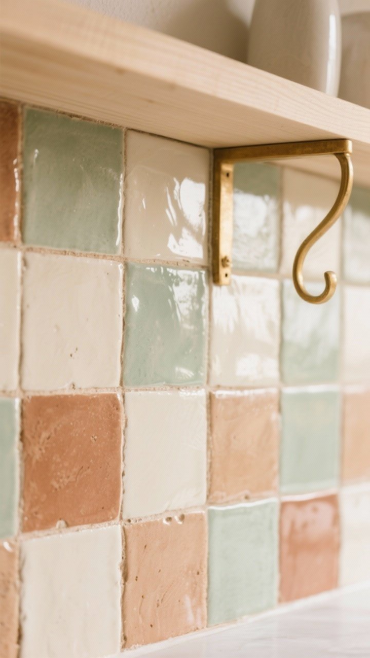 Closeup detail of handmade Zellige tiles in soft tones of cream, clay, and sage forming a backsplash; tight, minimal grout lines; subtle variations in tile surface and color create imperfectly perfect texture; warm afternoon light grazing the glossy tile faces; paired elements in-frame: a pale wood shelf edge and a warm brass hook; mood: Mediterranean-modern warmth; straight-on macro shot.