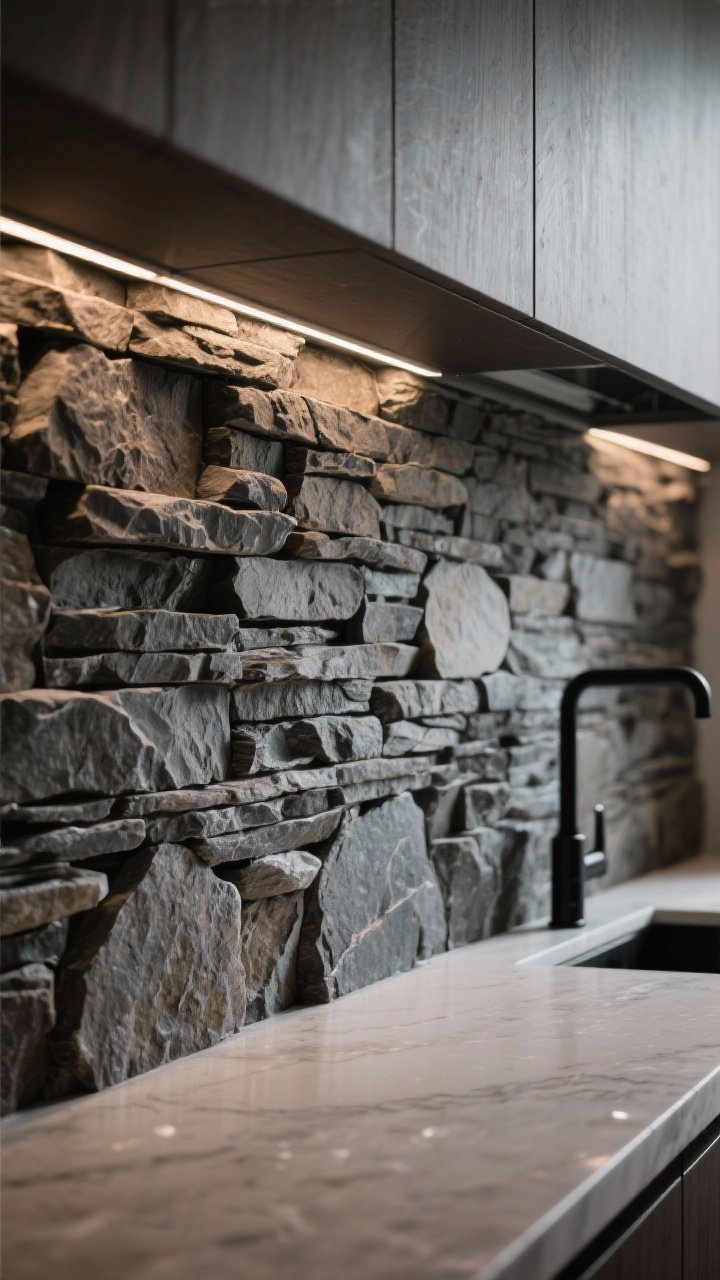 Closeup detail of stacked ledgestone backsplash with deep texture and shadow; under-cabinet lighting grazes the stone to emphasize ridges; sealed stone surface subtly matte; adjacent smooth quartz countertop edge and sleek black hardware included to balance rustic texture; mood: dramatic, tactile; perspective: tight macro from a side angle to highlight depth.