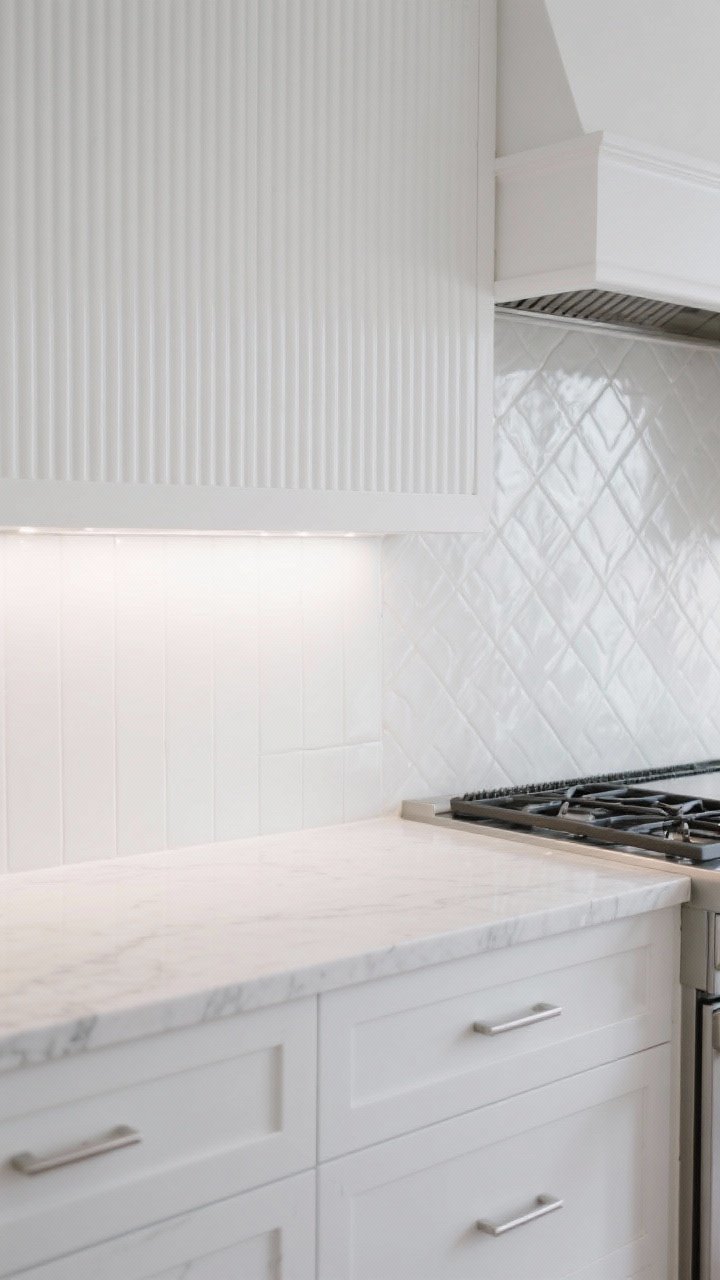 Closeup detail of textured white backsplash options: fluted panel section transitioning to 3D ceramic tiles with subtle geometric relief, beside a painted beadboard area sealed with scrubbable finish near the range; all tone-on-tone whites layered against a clean white quartz countertop; under-cabinet LEDs grazing the ridges to create soft shadows; simple, streamlined hardware nearby; no people.