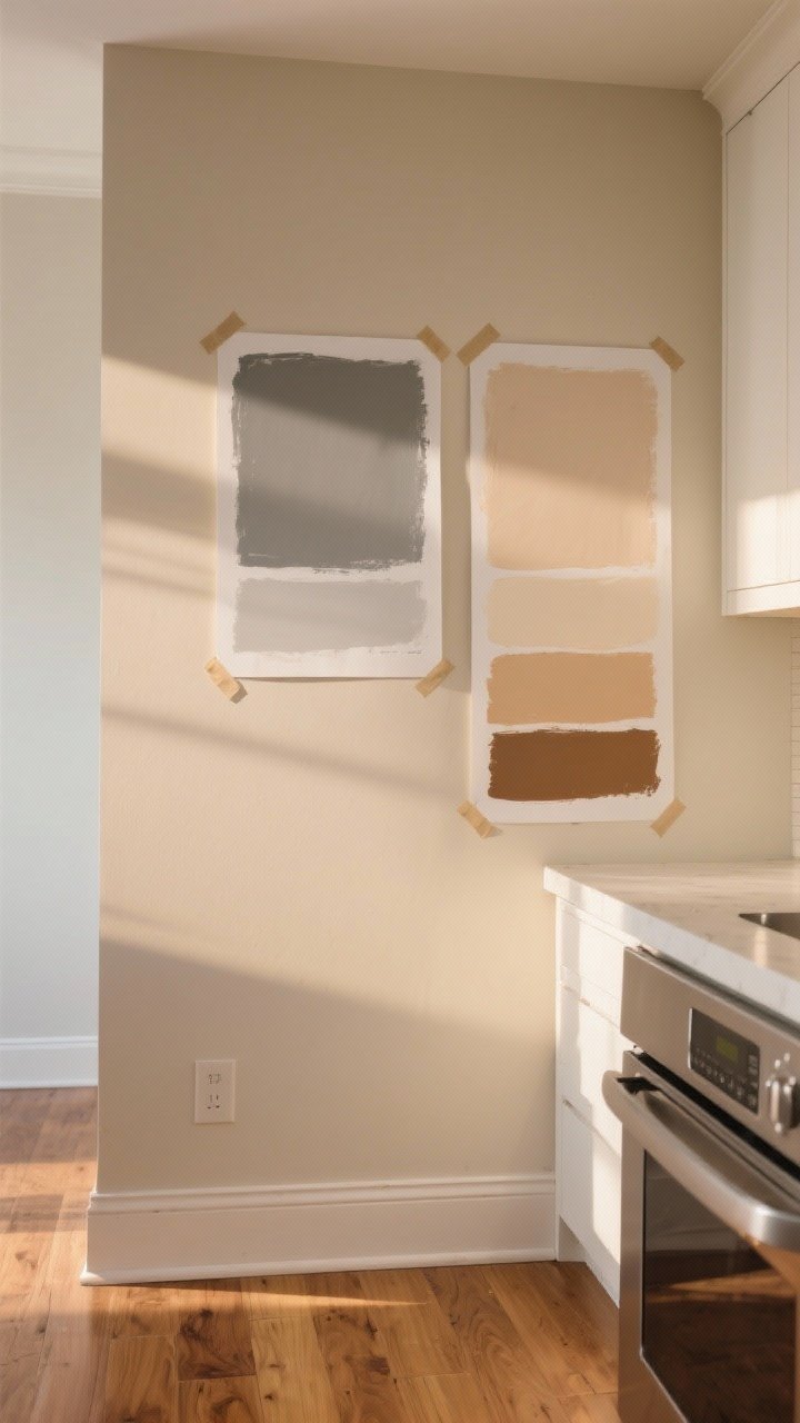 Closeup detail: poster boards with painted swatches of greige, sand, almond, linen, and camel beiges taped to a beige kitchen wall, photographed across morning to evening light; one image shows north-facing cool light on the swatches, another shows warm south-facing afternoon light; include nearby warm oak flooring and a section of stainless appliance to illustrate undertone shifts; soft, natural lighting, no people, photorealistic.