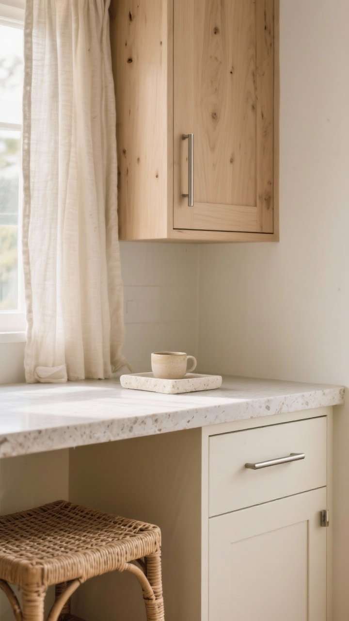 Closeup detail shot: A beige kitchen vignette showing layered textures—matte-painted cream lower cabinet face beside subtly grained light oak upper cabinet door, a matte honed stone countertop, a woven rattan counter stool seat edge, and linen cafe curtains softly filtering daylight; include a brushed metal slim bar pull and a small cream stone tray holding a ceramic cup; warm natural morning light, straight-on angle emphasizing texture contrast.
