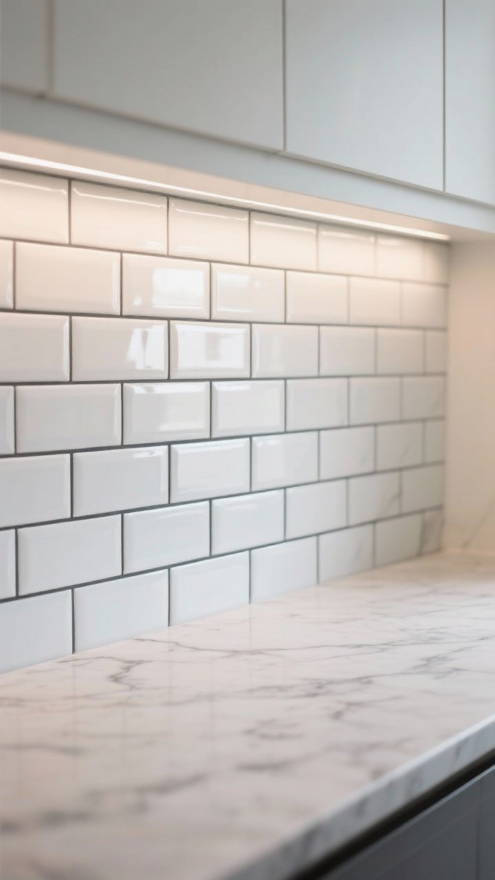 Closeup detail shot: classic white subway tile backsplash with a stacked vertical layout, oversized 4x12 tiles, contrasted by charcoal grout that echoes subtle gray veining in a nearby marble countertop edge; soft natural under-cabinet lighting highlights the glossy finish on some tiles and a matte variation on others, showing beveled edges on a few pieces for a refined, custom look; no people, photorealistic.