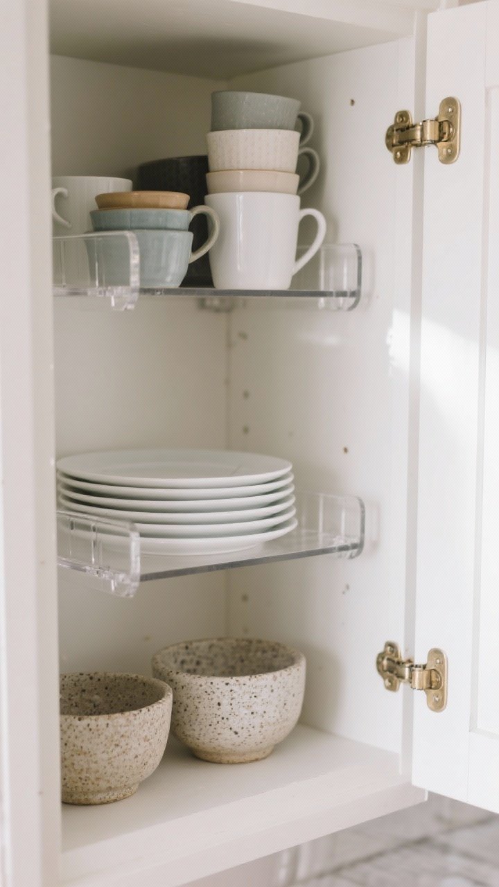 Closeup detail shot inside a small kitchen cabinet showcasing shelf risers: a clear acrylic expandable riser creating two levels with white dinner plates on the lower level and speckled stoneware bowls on the upper, a second stackable riser holding everyday mugs; soft natural light from the side, matte white interior, minimal brass knob visible, tidy two-story setup with short stacks and mixed tall/short items without dead space